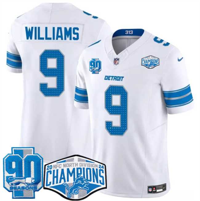 Mens Detroit Lions #9 Jameson Williams White 2024 NFC North Champions 90th Anniversary Patch F.U.S.E. Vapor Limited Stitched Jersey